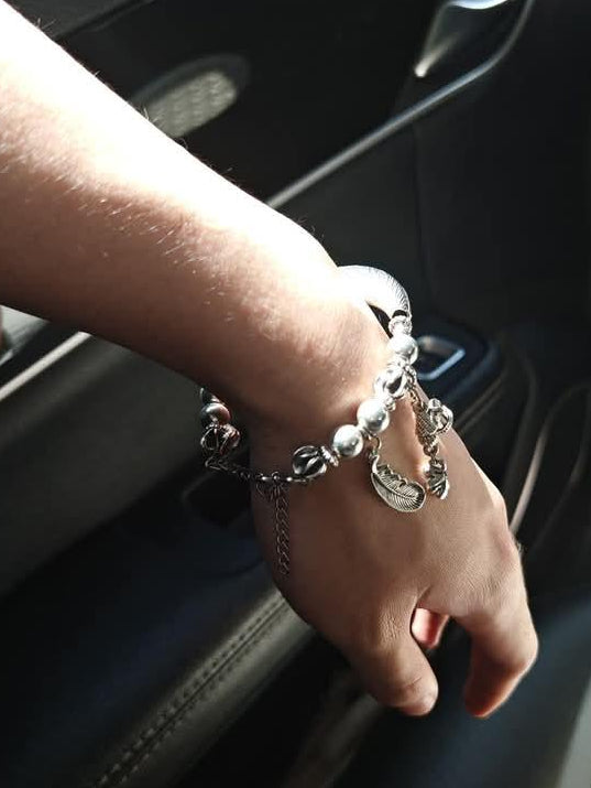 Loomis | Vintage Sterling Silver Bracelet for Men and Women, Multi-Charm with Cross, Feather, and Bell, Personalized Hand Ornament