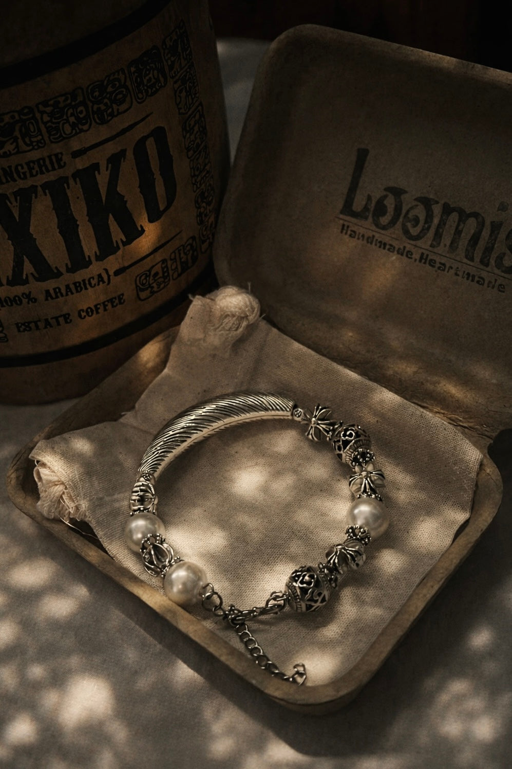 Loomis｜復古古銀手鍊 男生款十字花銀珠個性白珍珠鏤空球個性手飾
